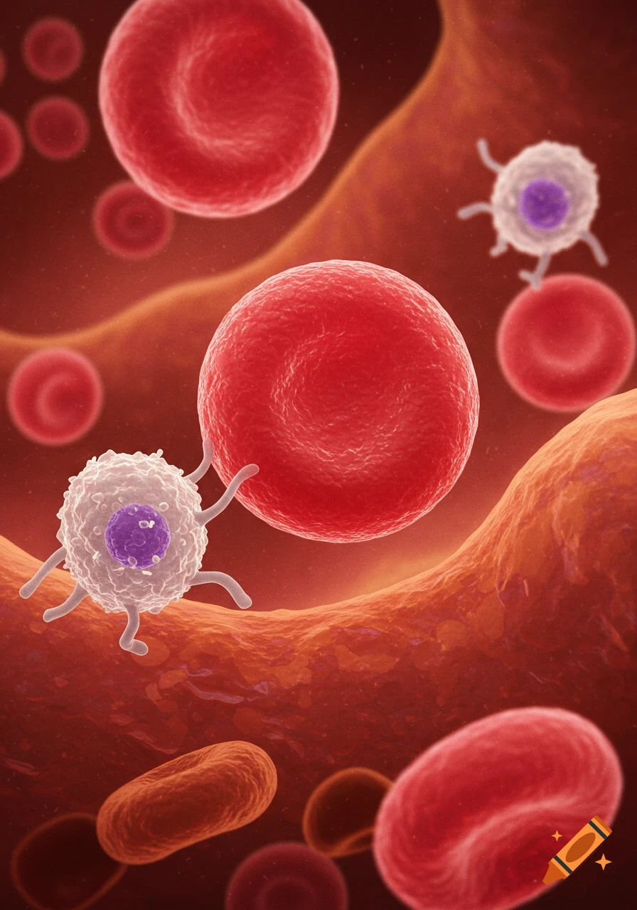 Microscopic 3D illustration of red and white blood cells in a blood vessel.