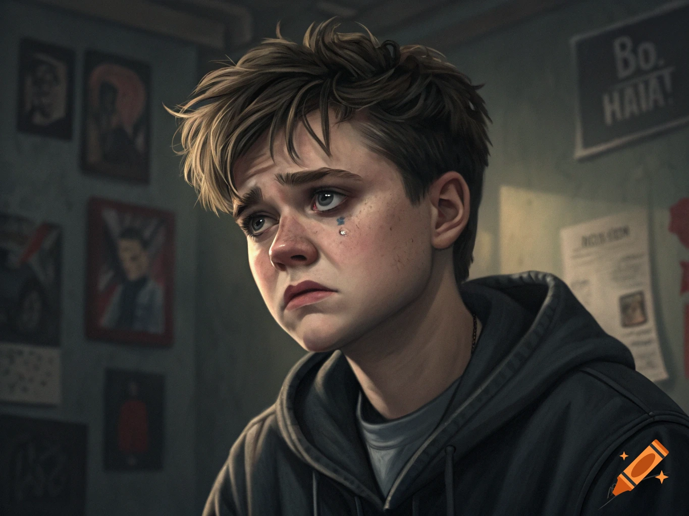 Close-up portrait of a sad emo teenager crying.