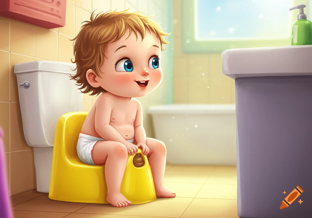 Happy toddler sitting on a yellow potty in a bright bathroom, illustration style.