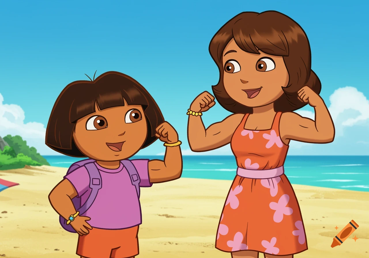 Dora and her mom flexing muscles on the beach in a cartoon style