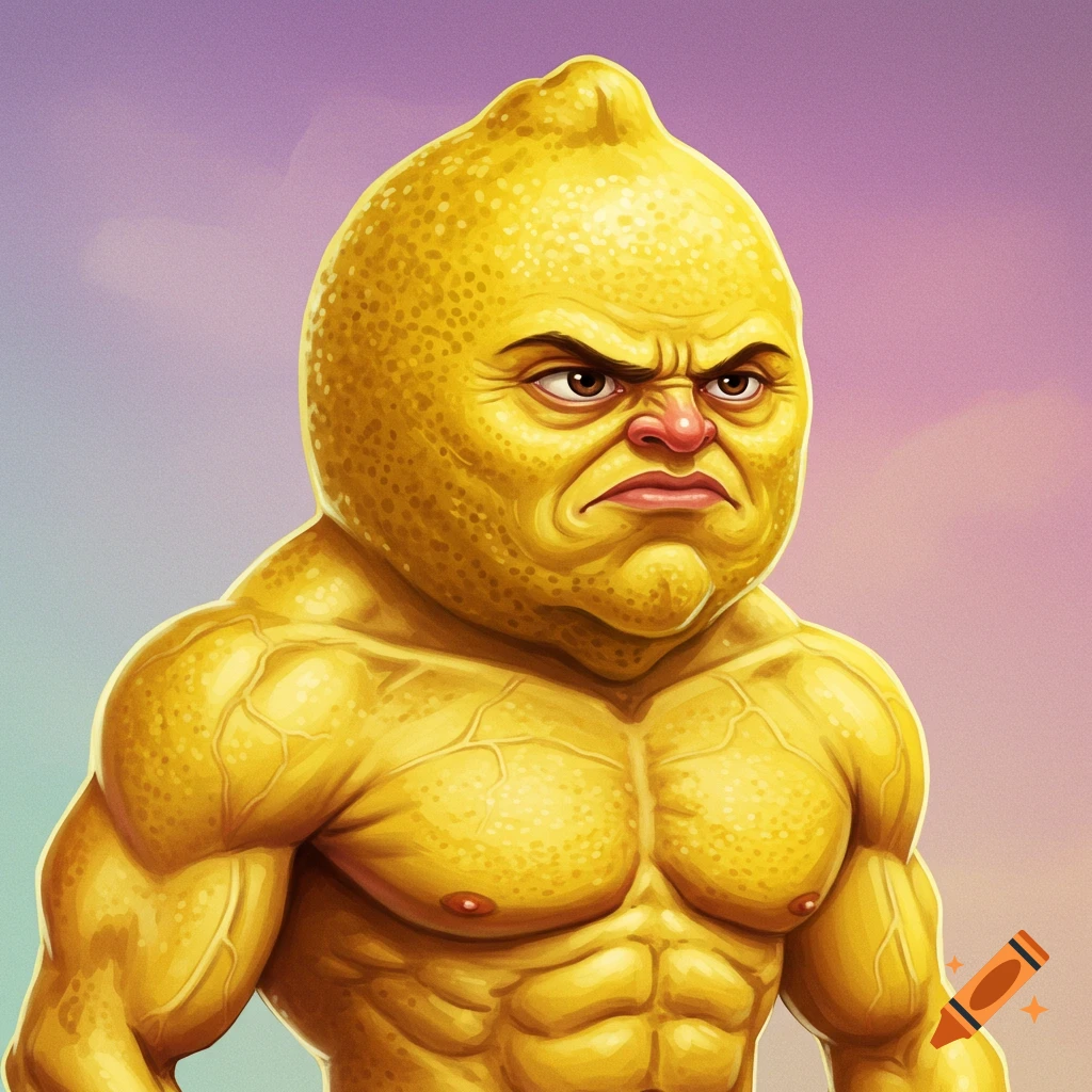 A muscular lemon with a serious face in a cartoon illustration.