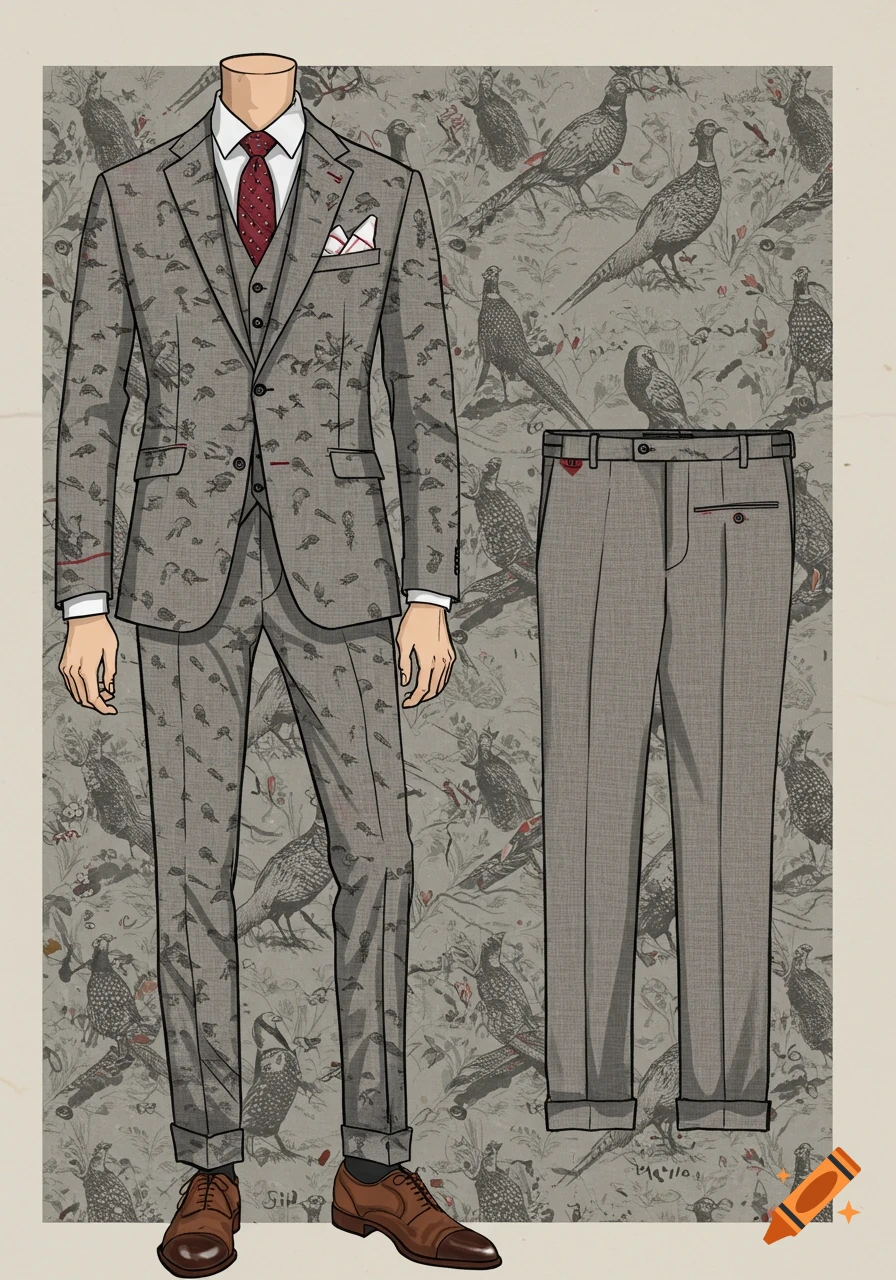 Illustration of a gray men's suit with a pheasant pattern, displayed on a figure and separately.