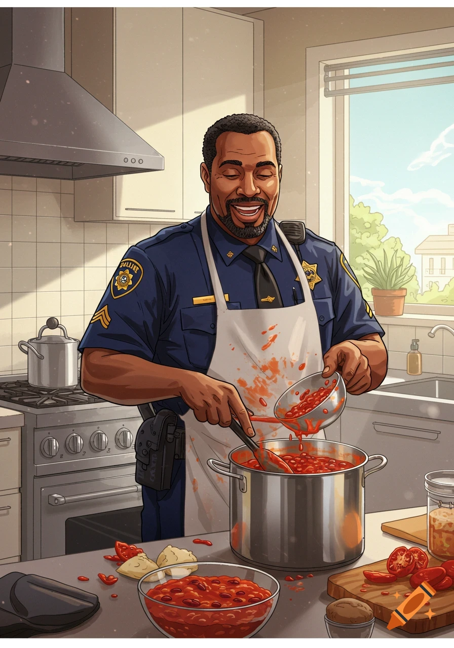 A police officer cooking beans in a kitchen.