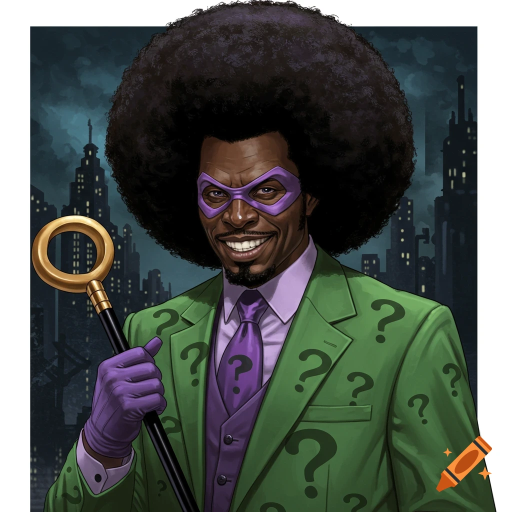 Illustration of The Riddler, a Black man with a large afro, wearing a green suit with question marks and a purple mask, holding a cane.