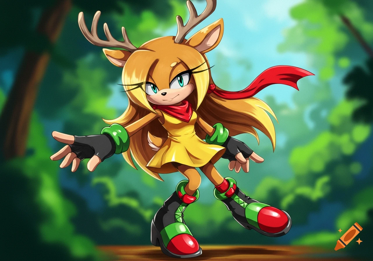 Anthropomorphic deer character in a yellow dress and boots in a forest, in Sonic style.
