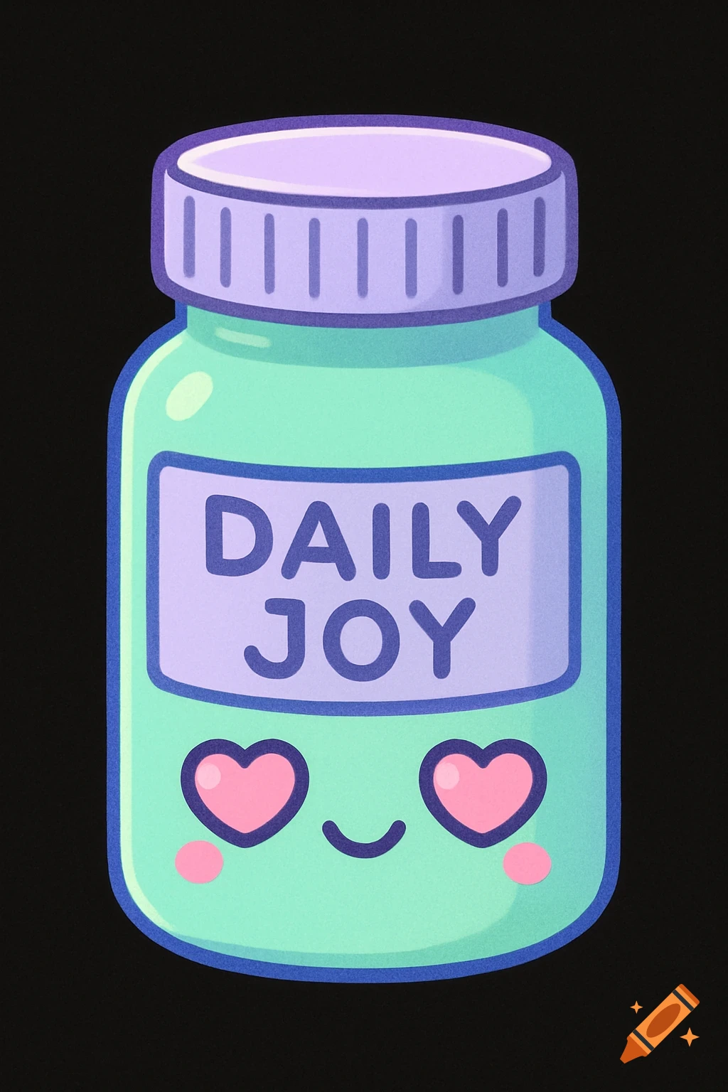 Kawaii mint green pill bottle labeled Daily Joy with heart eyes and a smile on a black background.