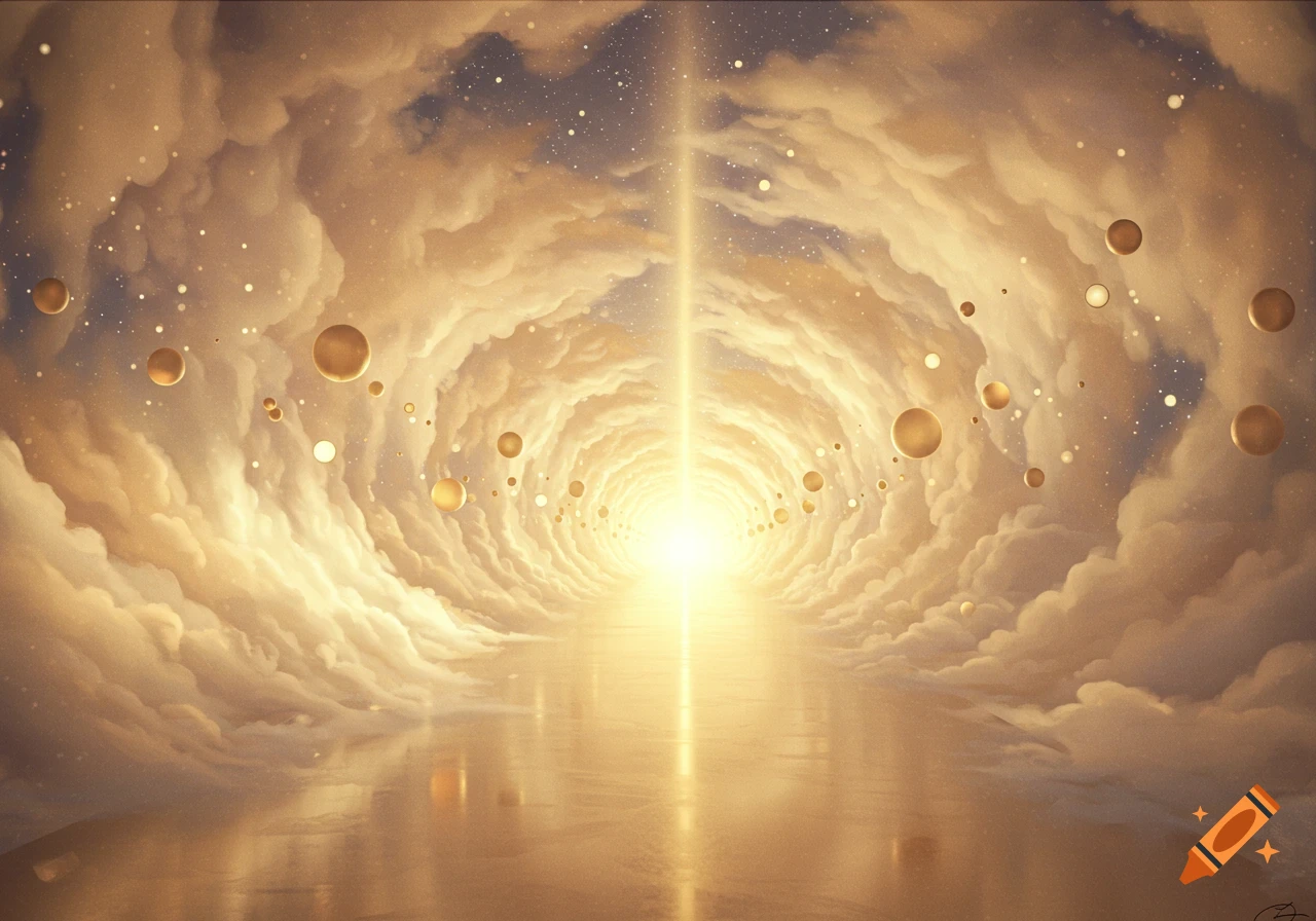 Ethereal tunnel of clouds with golden orbs leading to a bright light at the end.