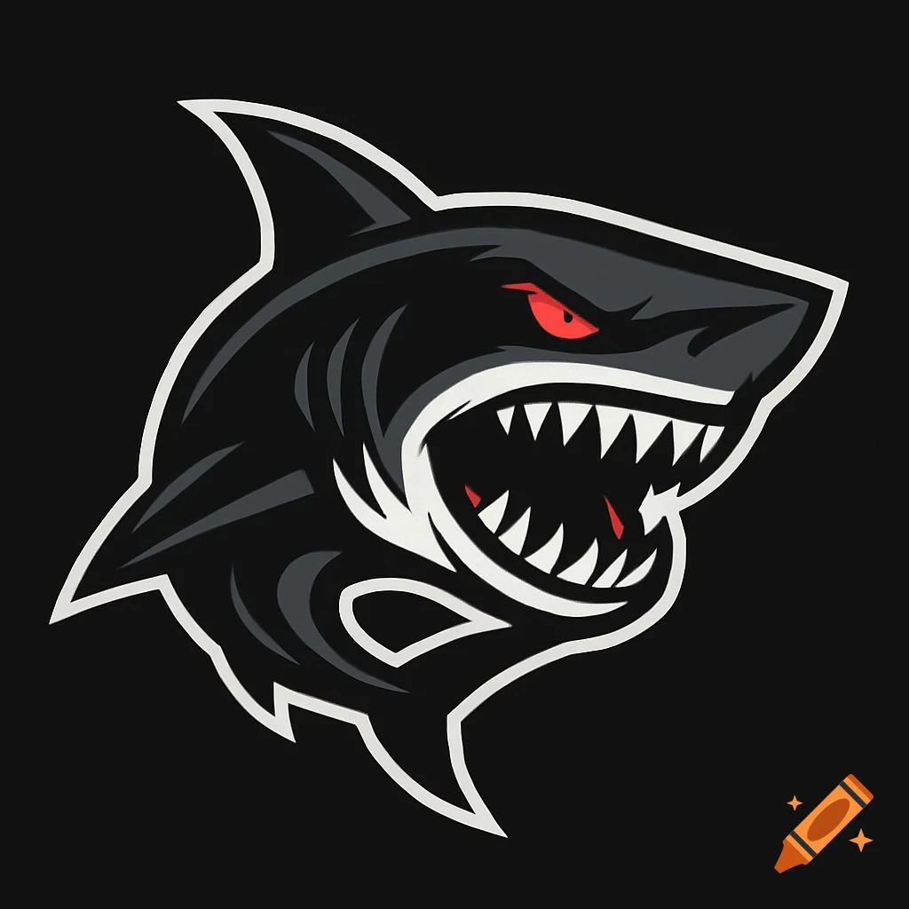 Black shark head logo with red eyes and sharp teeth