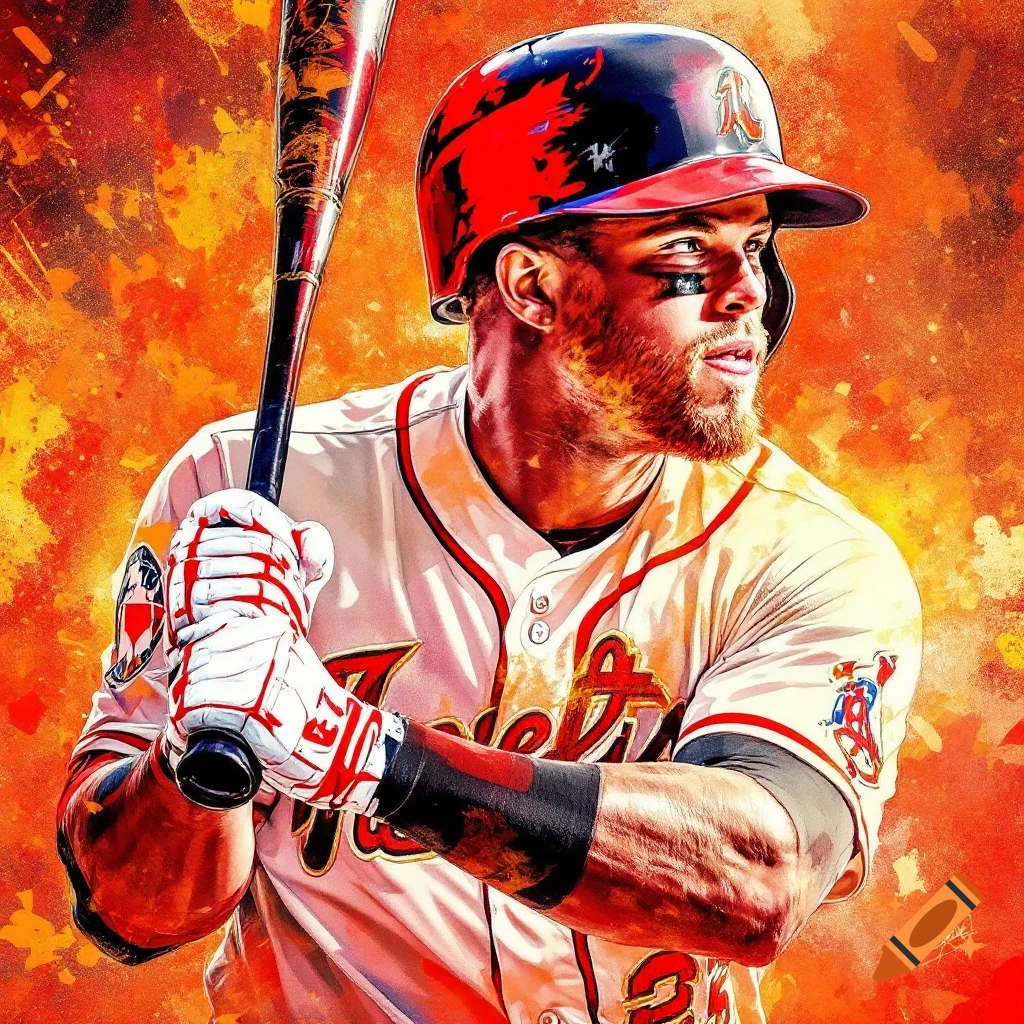 Stylized portrait of a baseball player in uniform holding a bat against a fiery orange background.