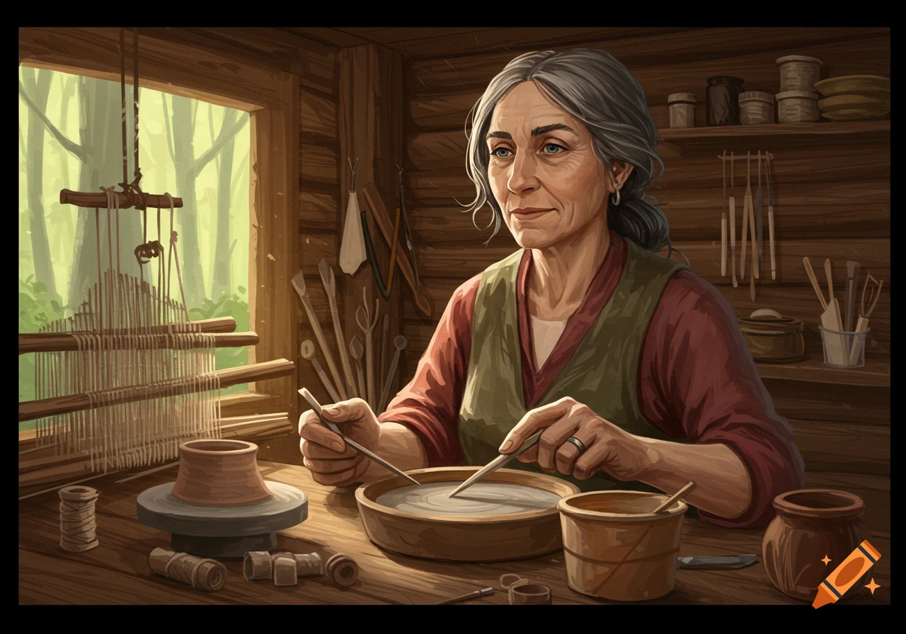 Older woman crafting pottery in a rustic workshop