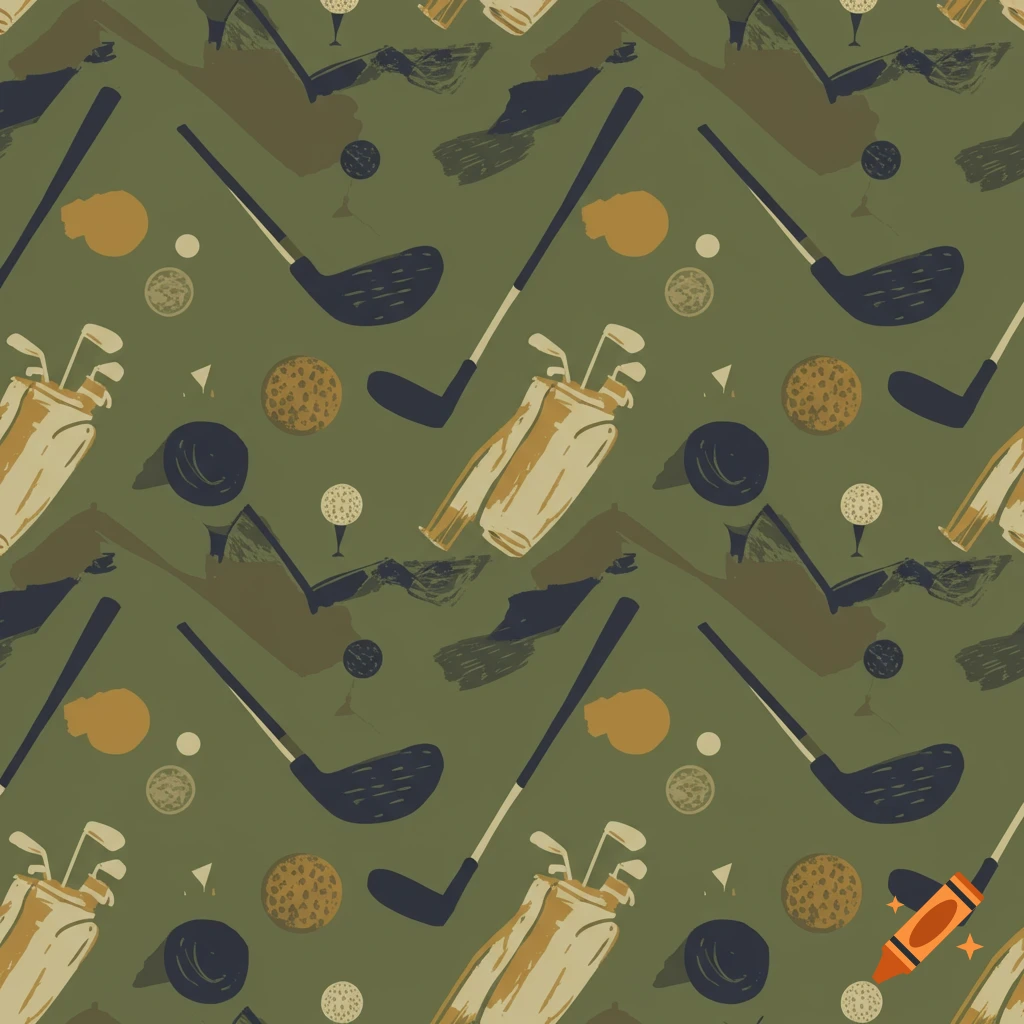 Simple continuous pattern of golf clubs, balls, and bags on a green background.
