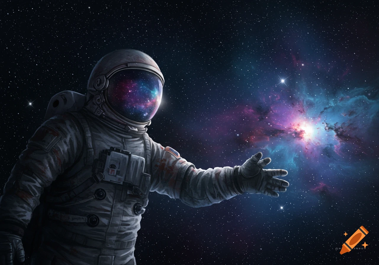 Astronaut reaching out towards a colorful nebula in space with starry background.