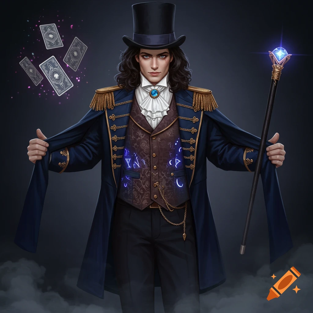 A man in a top hat, blue coat, and vest with arcane symbols holds his coat open, with floating cards and a glowing staff nearby.