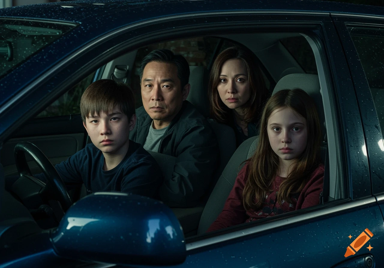 A family of four sits in a car, staring at the viewer with solemn expressions.