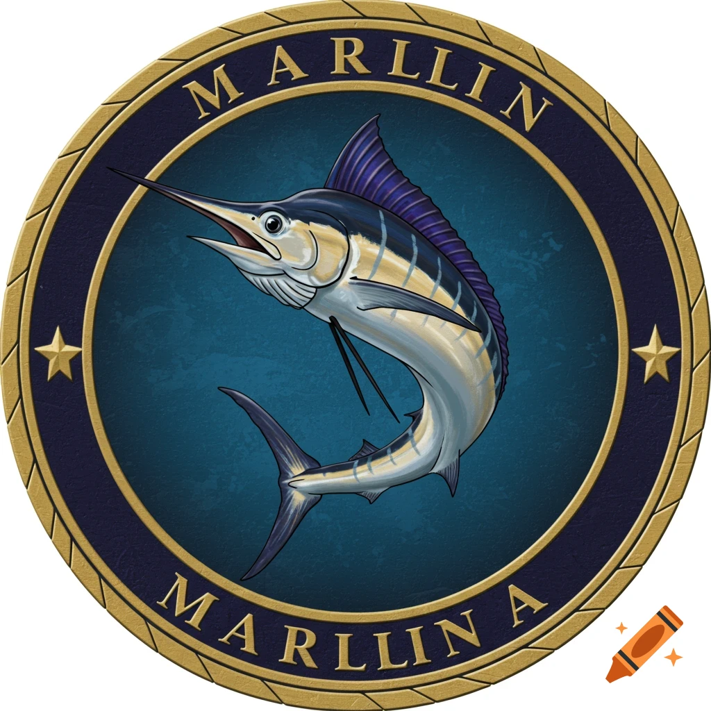 Emblem featuring a marlin jumping within a gold and blue ring with stars.