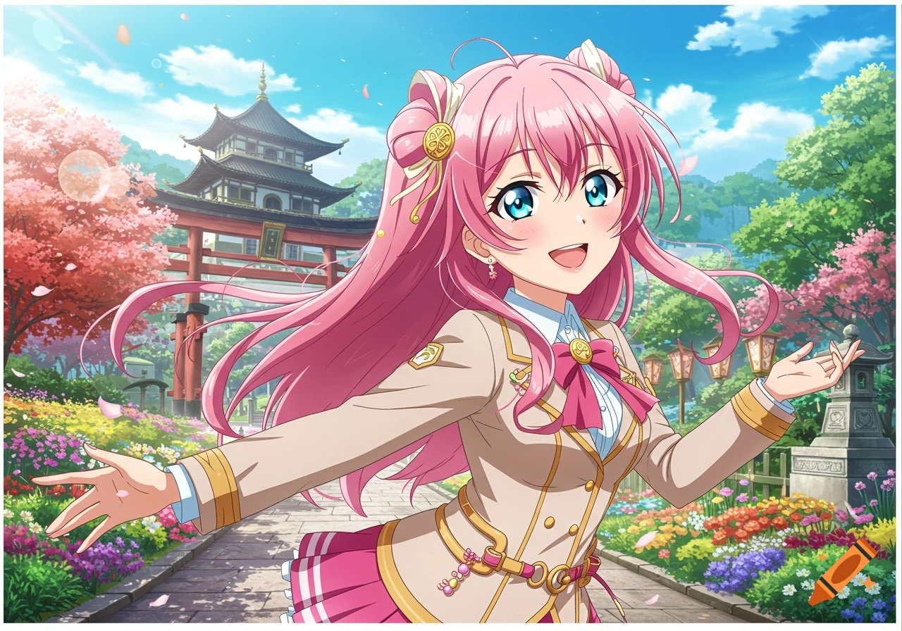 An anime girl in a school uniform smiles in a Japanese garden with a temple.