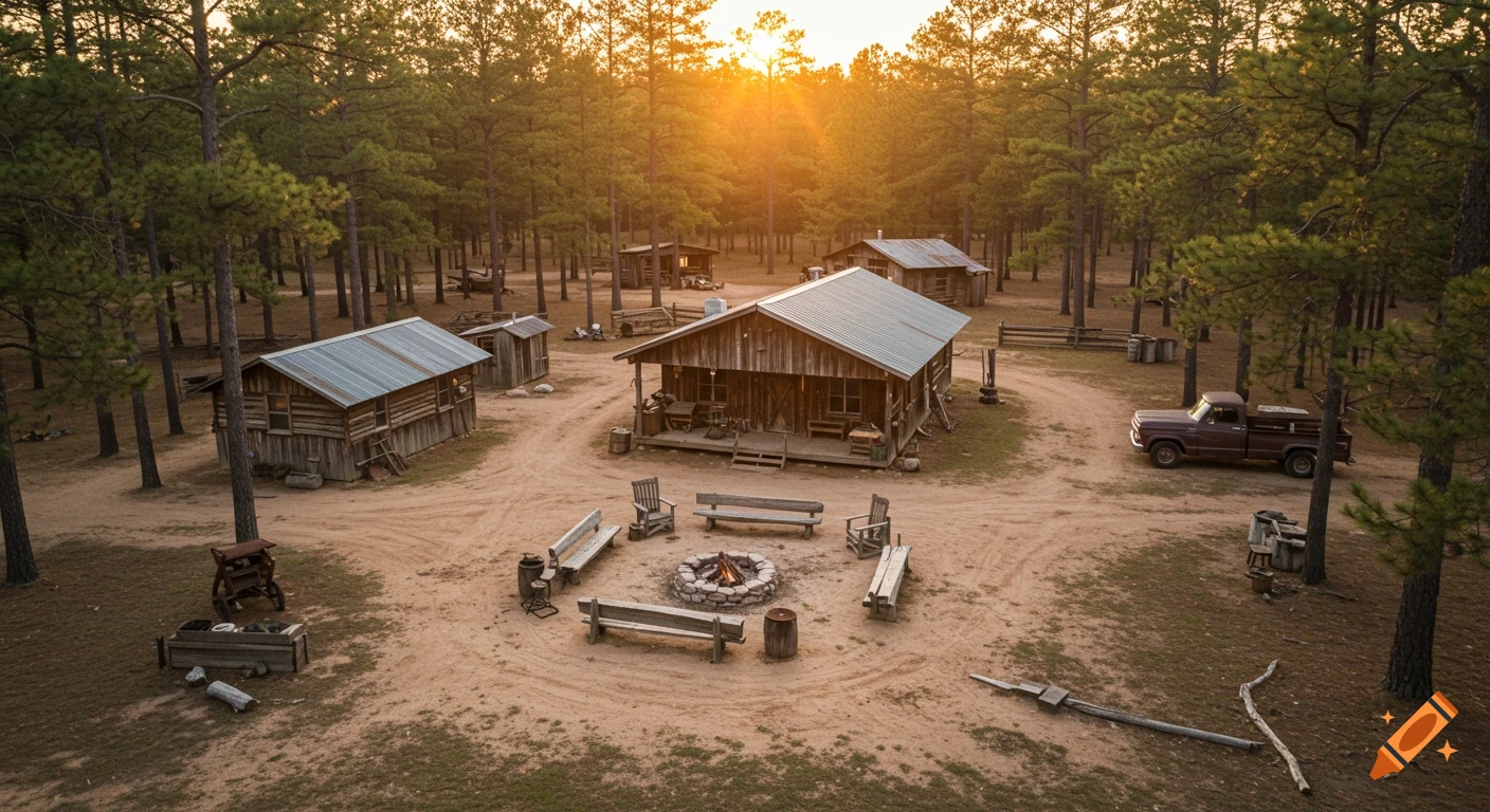 Rustic camp clearing with cabins, campfire pit, benches, and pickup truck at sunset in a pine forest.