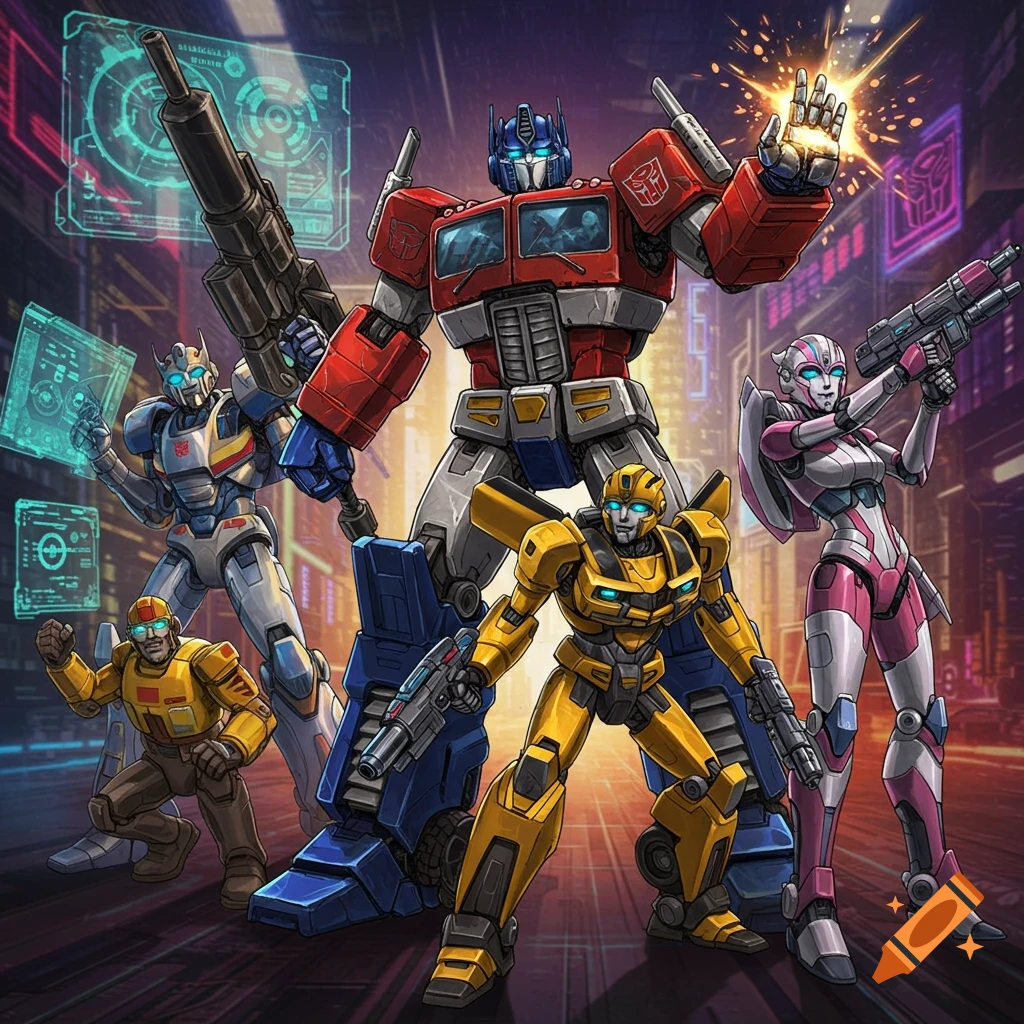 Group of Transformers robots and a human in a futuristic city, action pose, comic book style