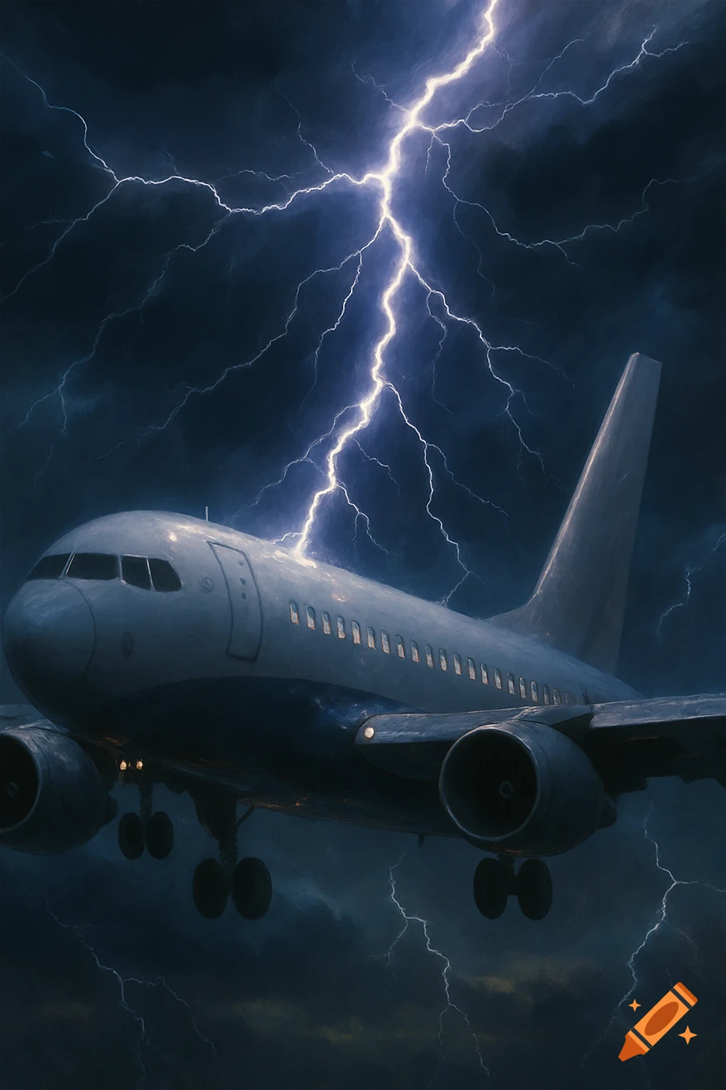 An airplane flies through a dark, stormy sky as lightning strikes its fuselage.