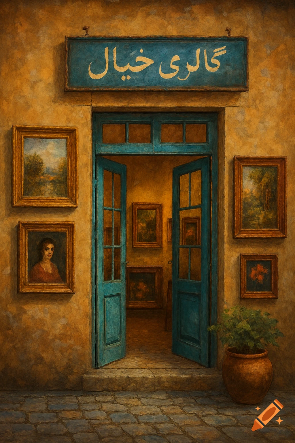 A painterly image of a building facade with an open blue door leading into an art gallery, framed paintings on the wall.