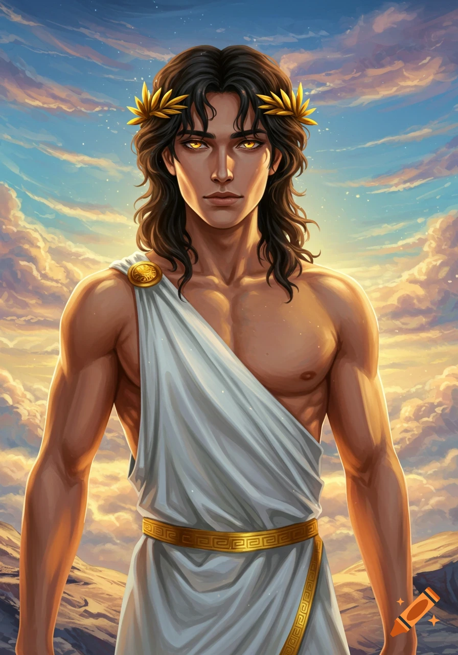 Young man in toga and laurel wreath against cloudy sky and landscape