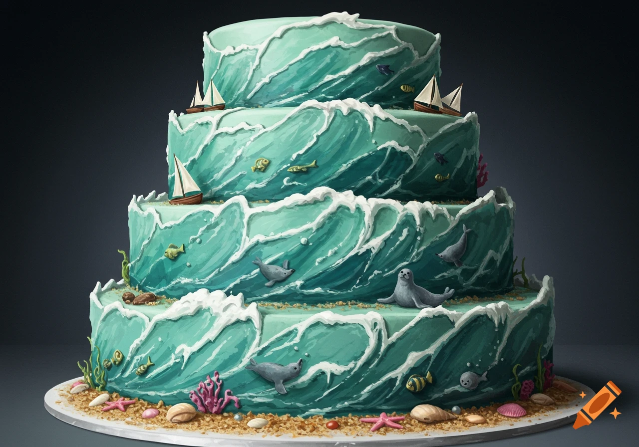 Multi-tiered cake decorated with blue-green waves, seals, fish, and sailboats
