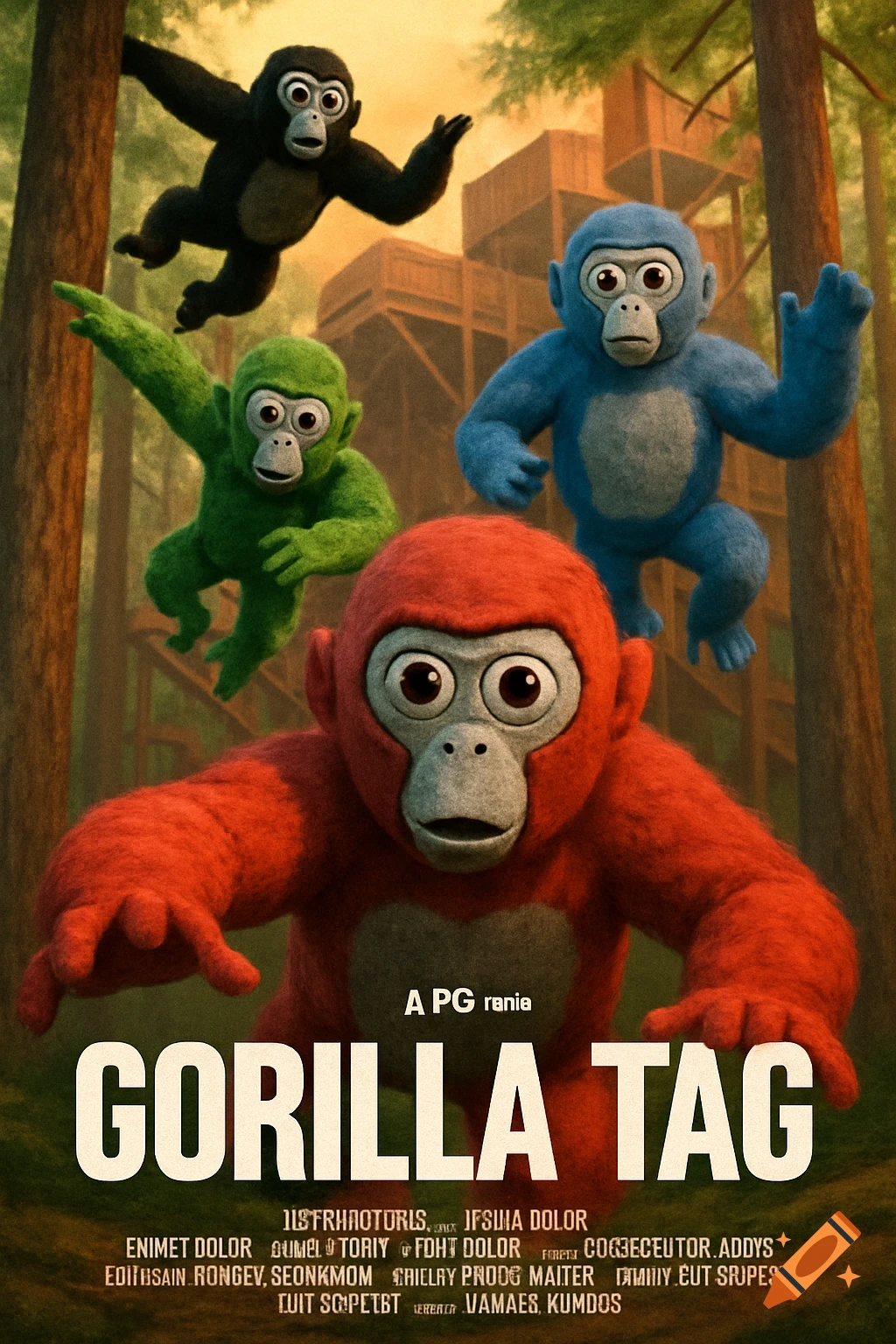 Movie poster for Gorilla Tag featuring four colorful stylized gorillas in a forest setting.