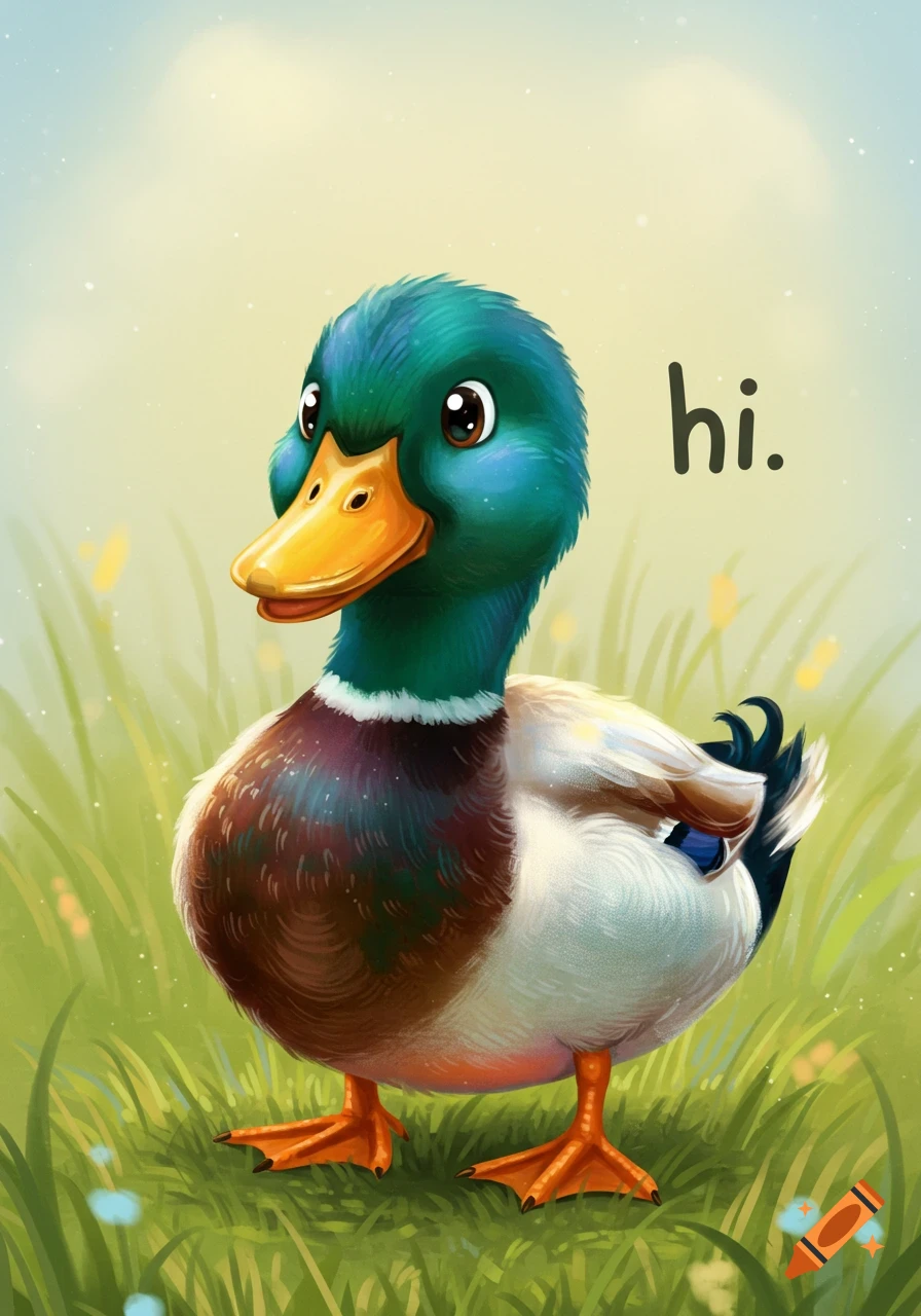 Cartoon illustration of a duck in a field with the text hi.