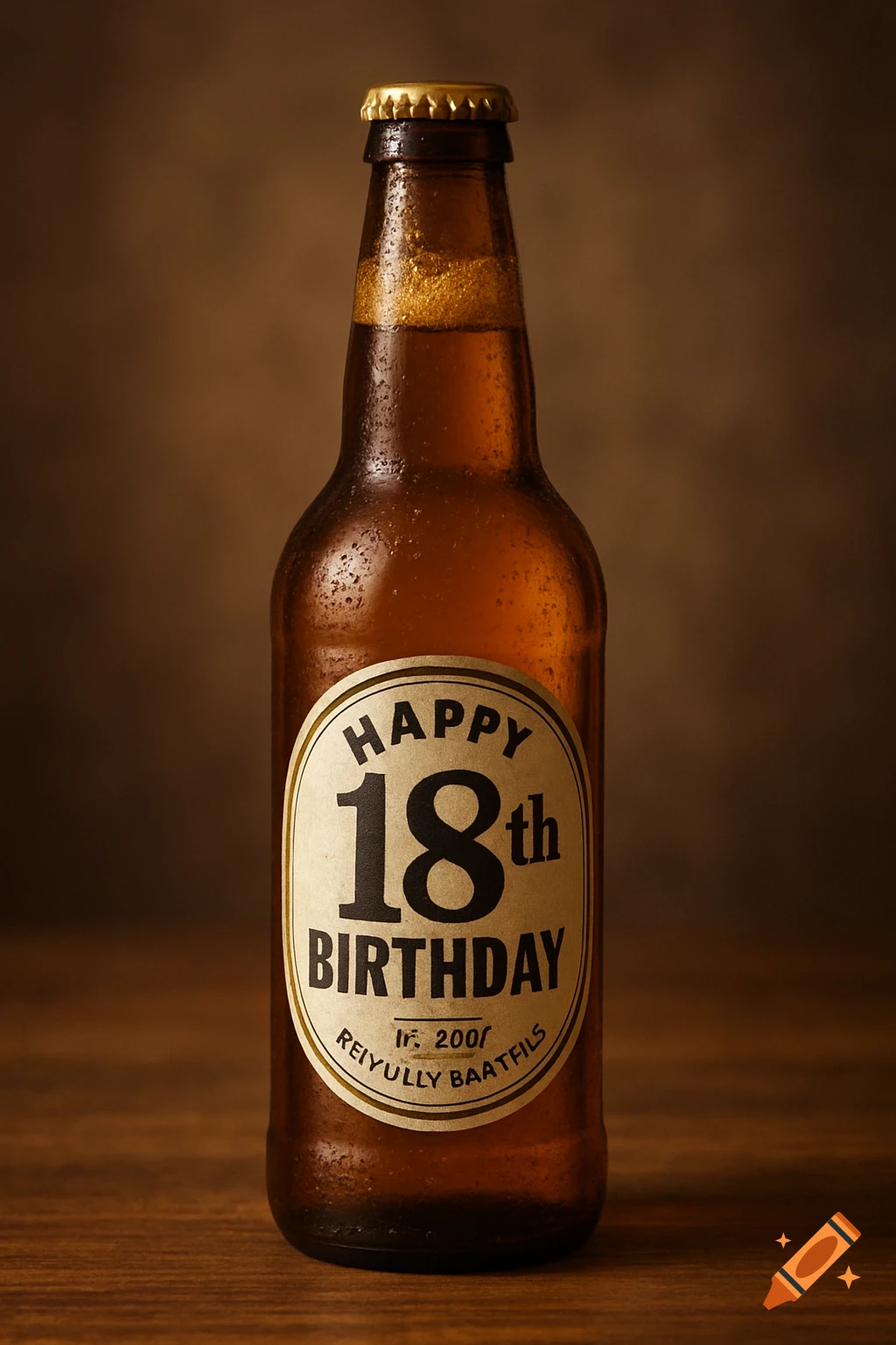 Frosty beer bottle with 'Happy 18th Birthday Est. 2007' label, photorealistic style.