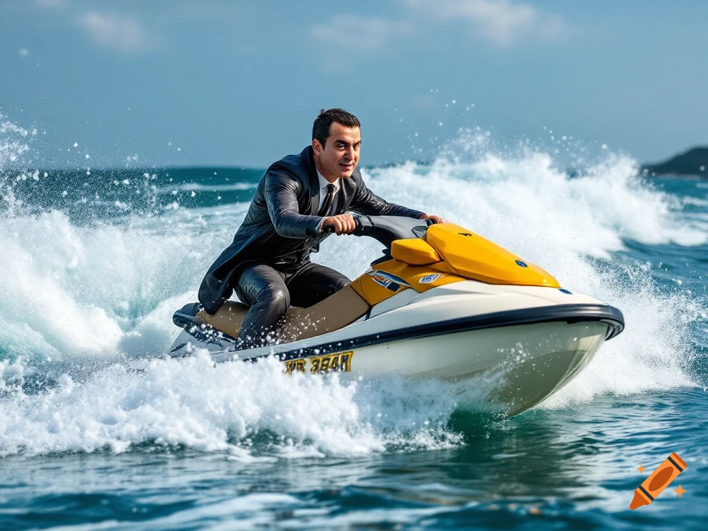 Man in a suit rides a jet ski on the ocean with waves and spray