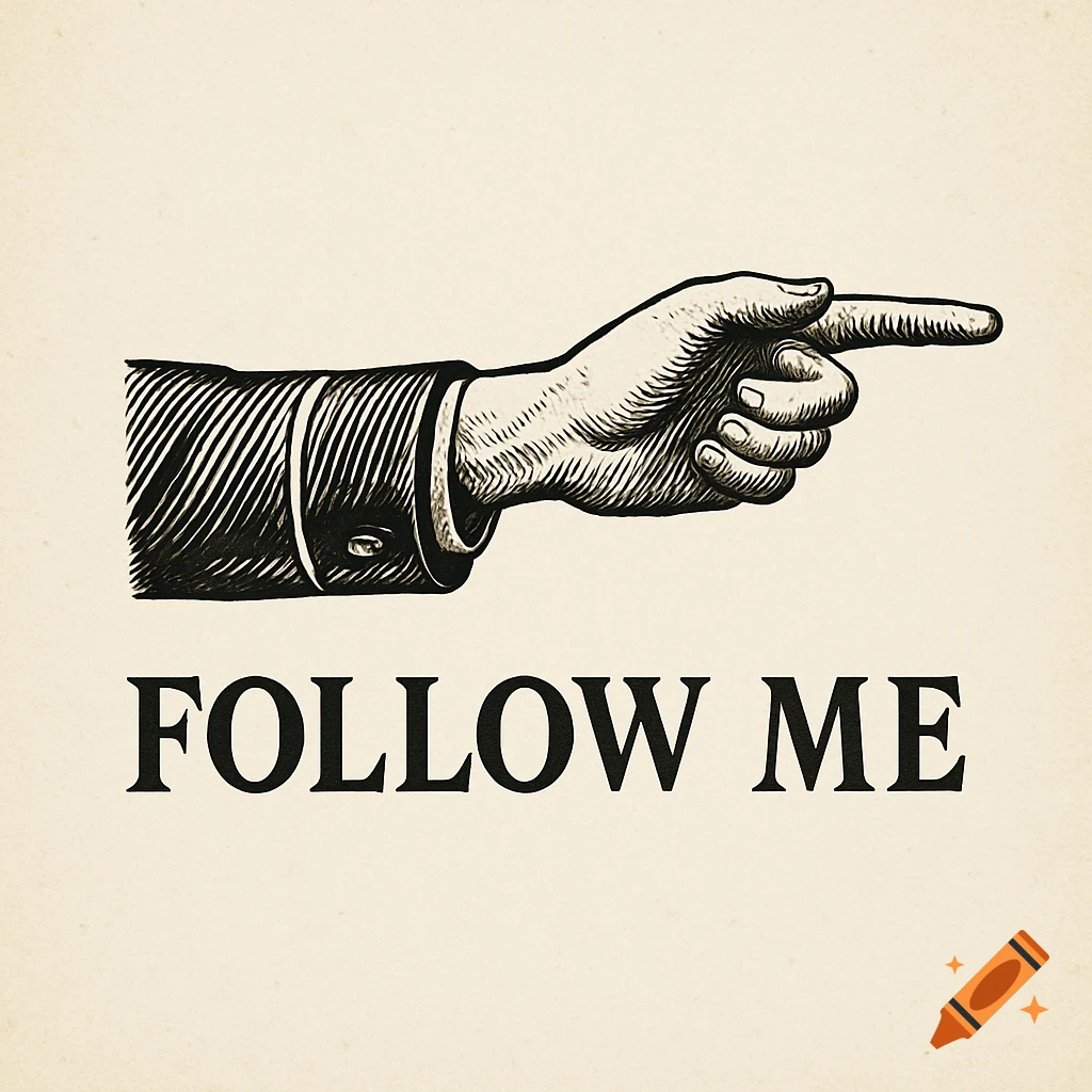 Vintage illustration of a hand pointing right, with the text 'FOLLOW ME' below.