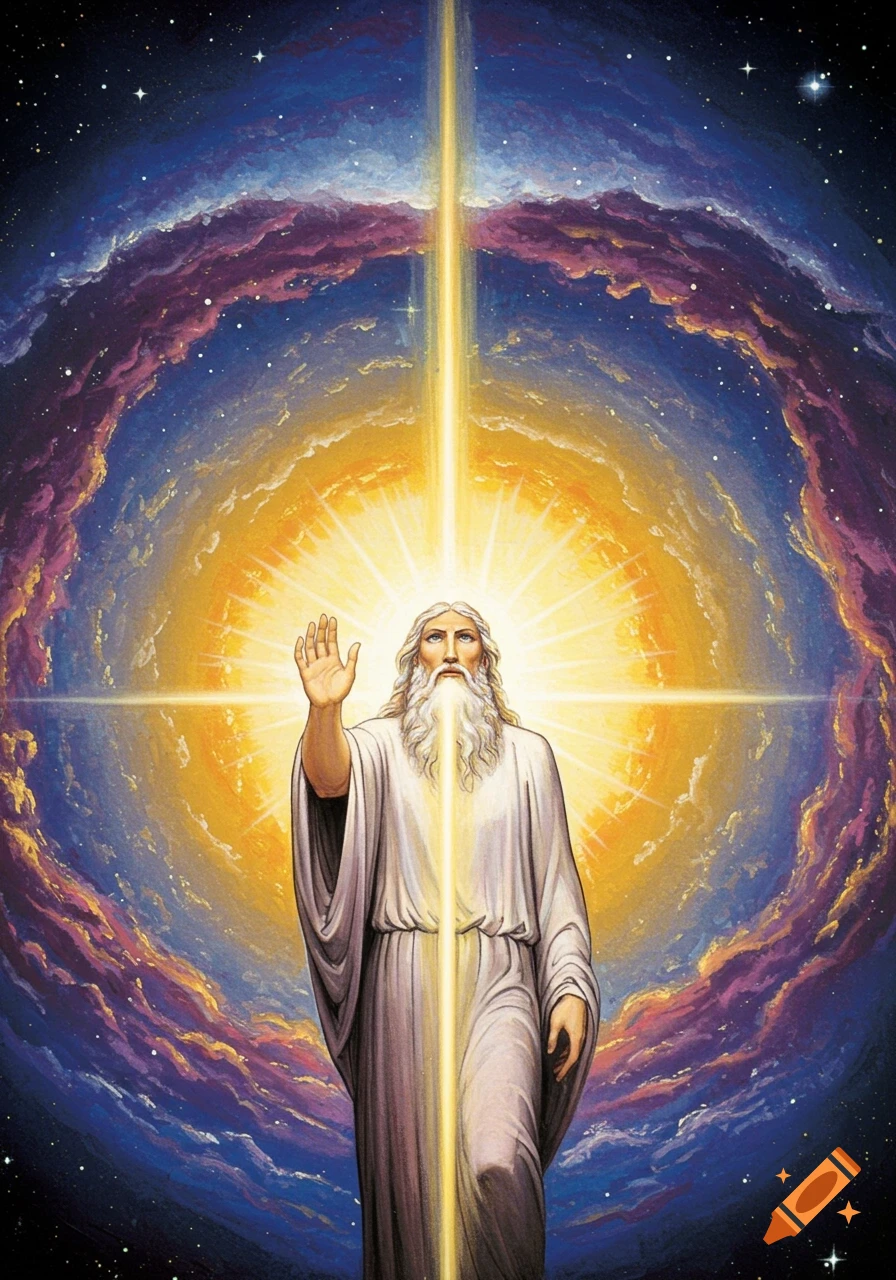 Powerful figure with a beard and robe stands in a cosmic void with radiant light rays.