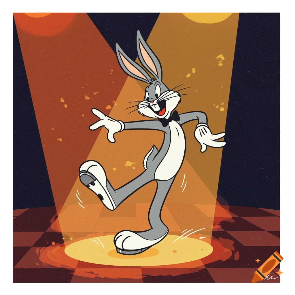 Bugs Bunny tap dancing on a stage in a cartoon style.