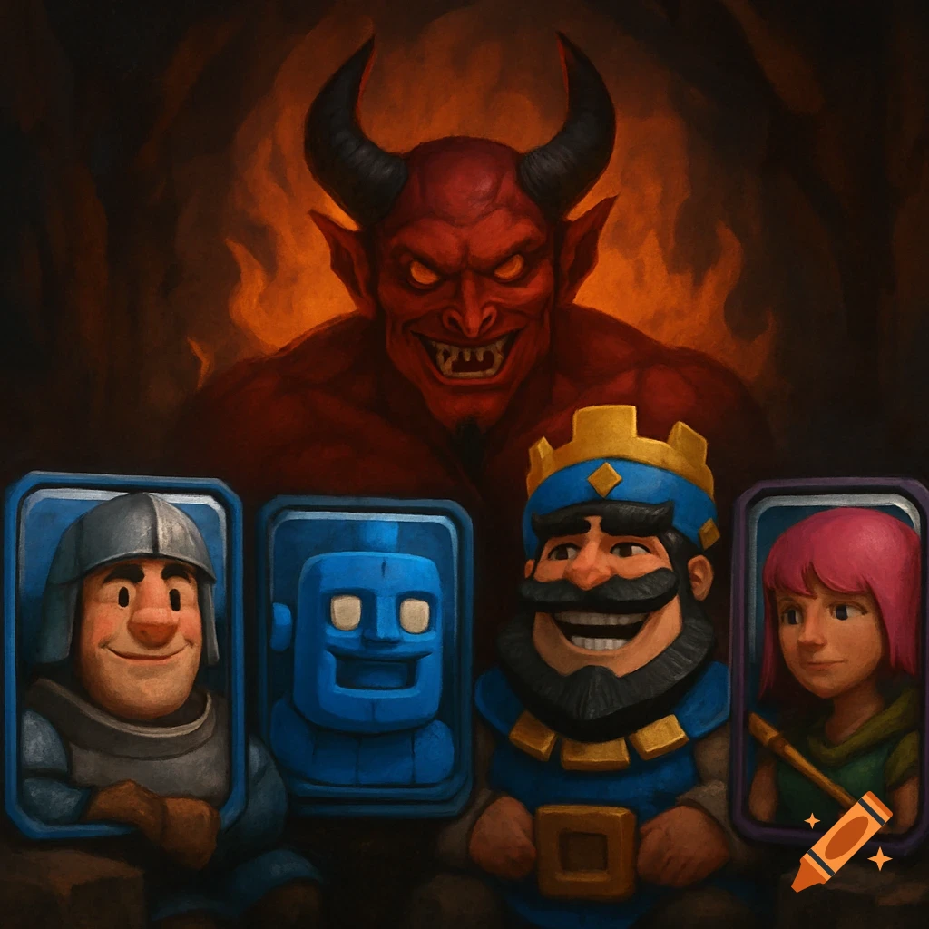 Stylized illustration of Clash Royale characters and a devil.