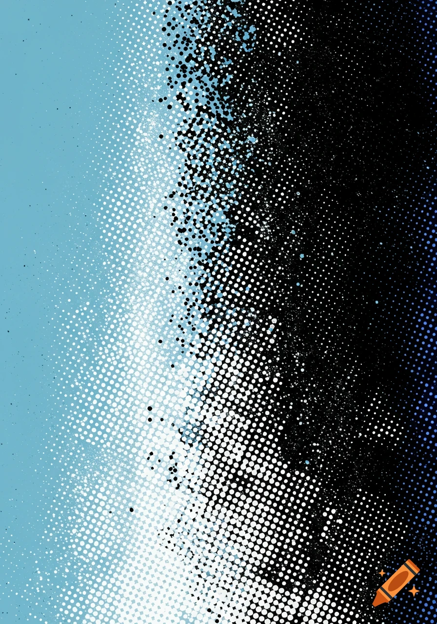 Abstract pattern with dots transitioning from light blue and white to black.