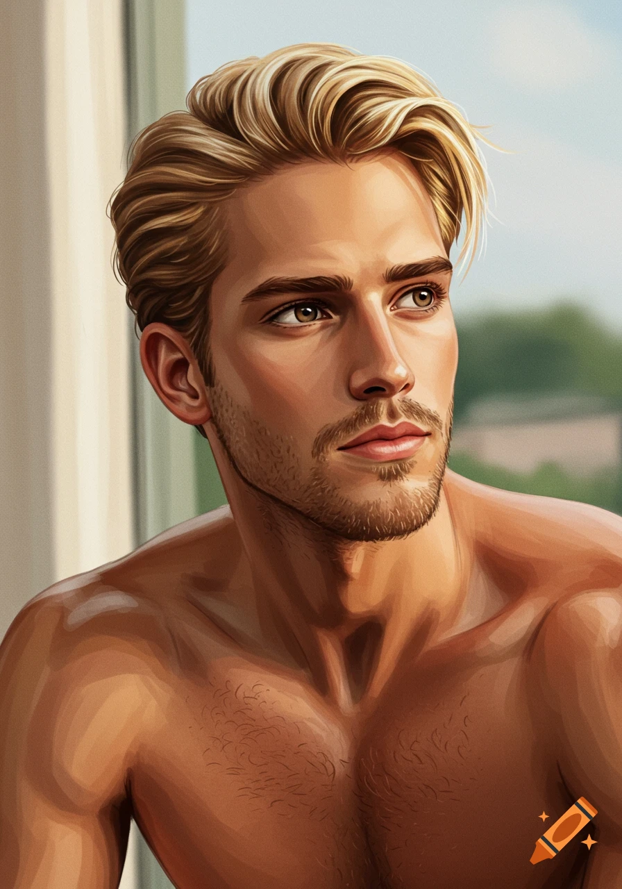 Digital painting of a handsome man with blonde hair and stubble looking to the side.