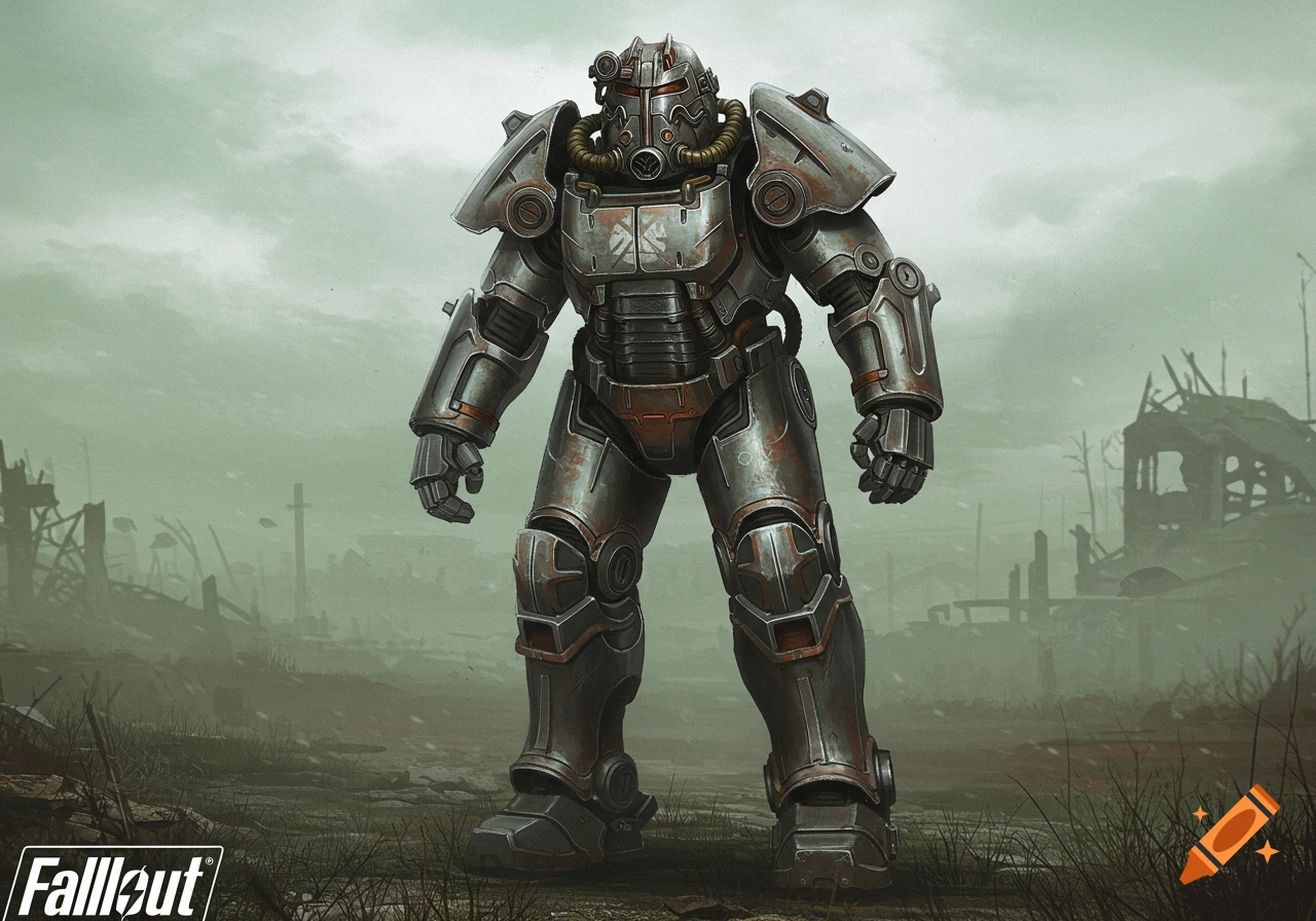 Full shot of rusted metal power armor in a post-apocalyptic wasteland