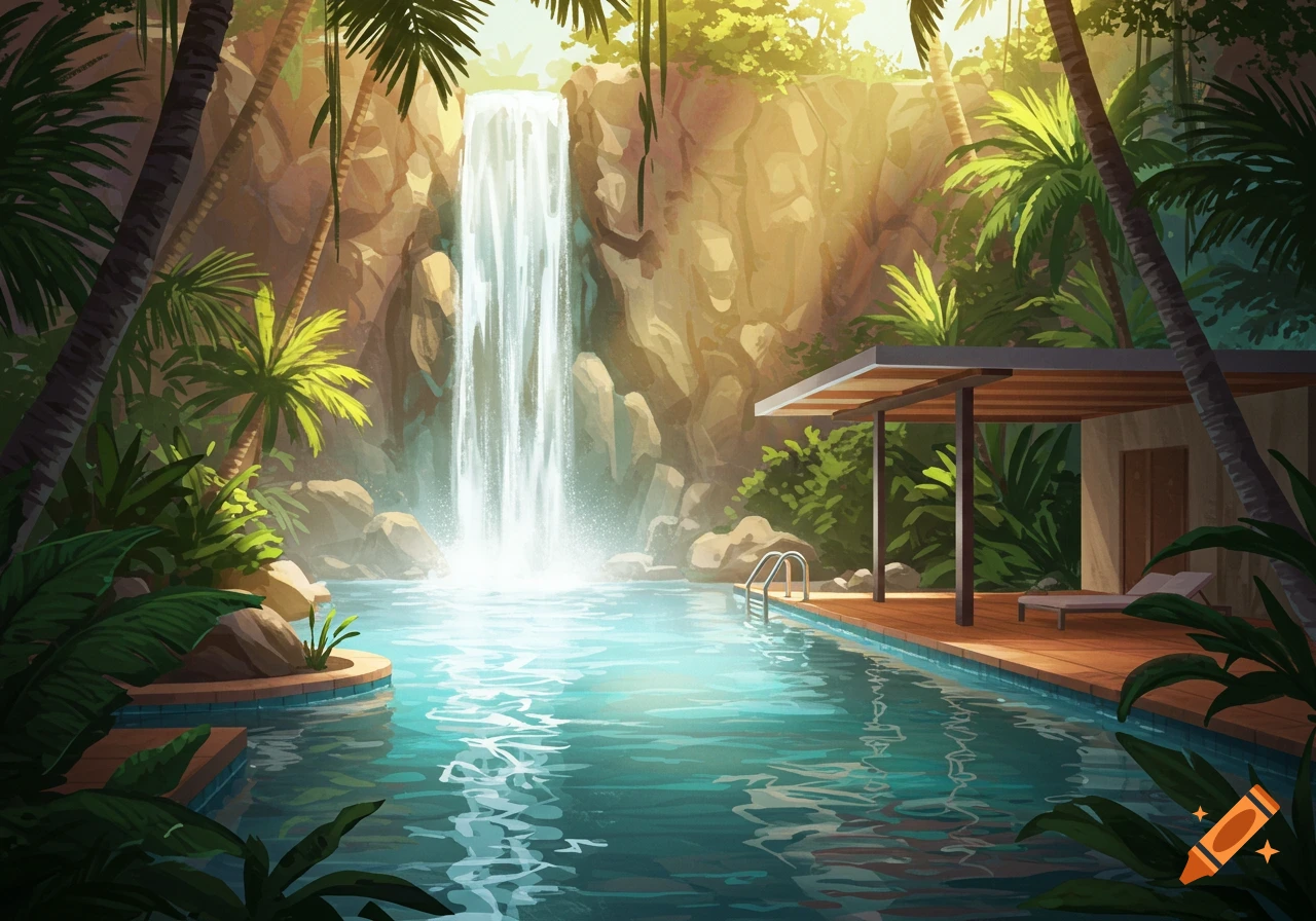 Illustration of a tropical scene with a waterfall flowing into a pool next to a building with a covered deck.