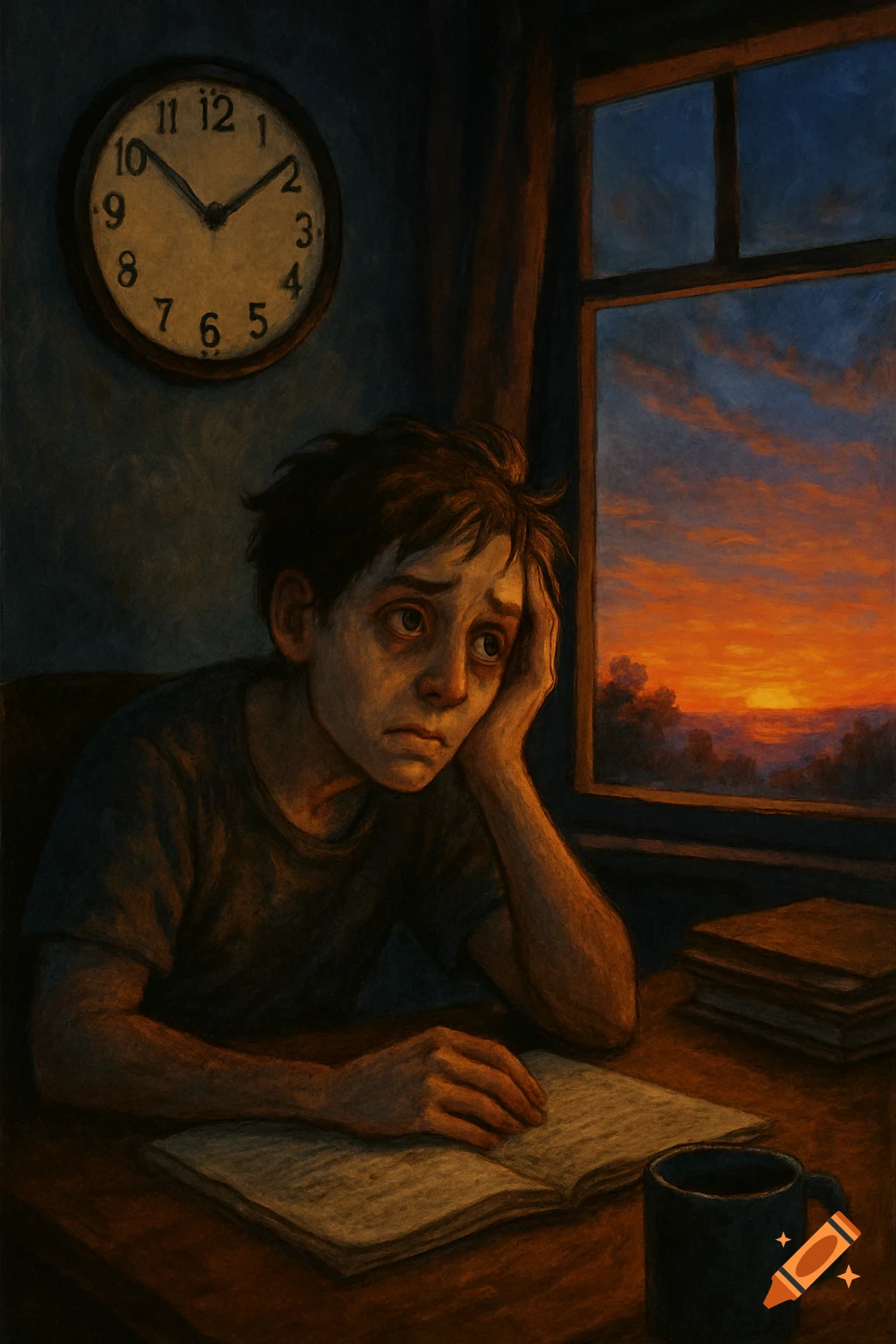 Painting of a tired person sitting at a desk with an open book, glancing at a clock showing 3 AM, with a sunrise outside the window.