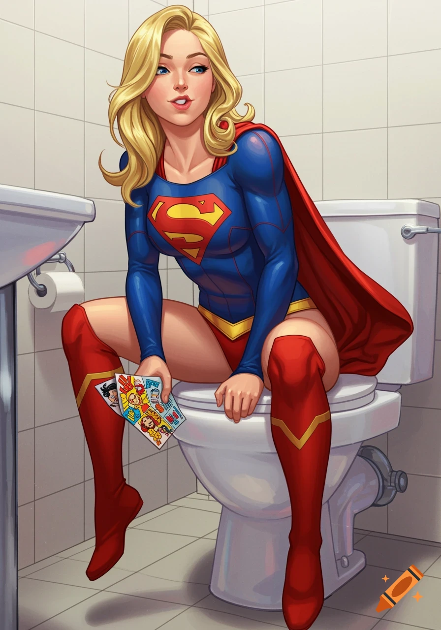 Supergirl sits on a toilet holding small pictures in a comic book style.