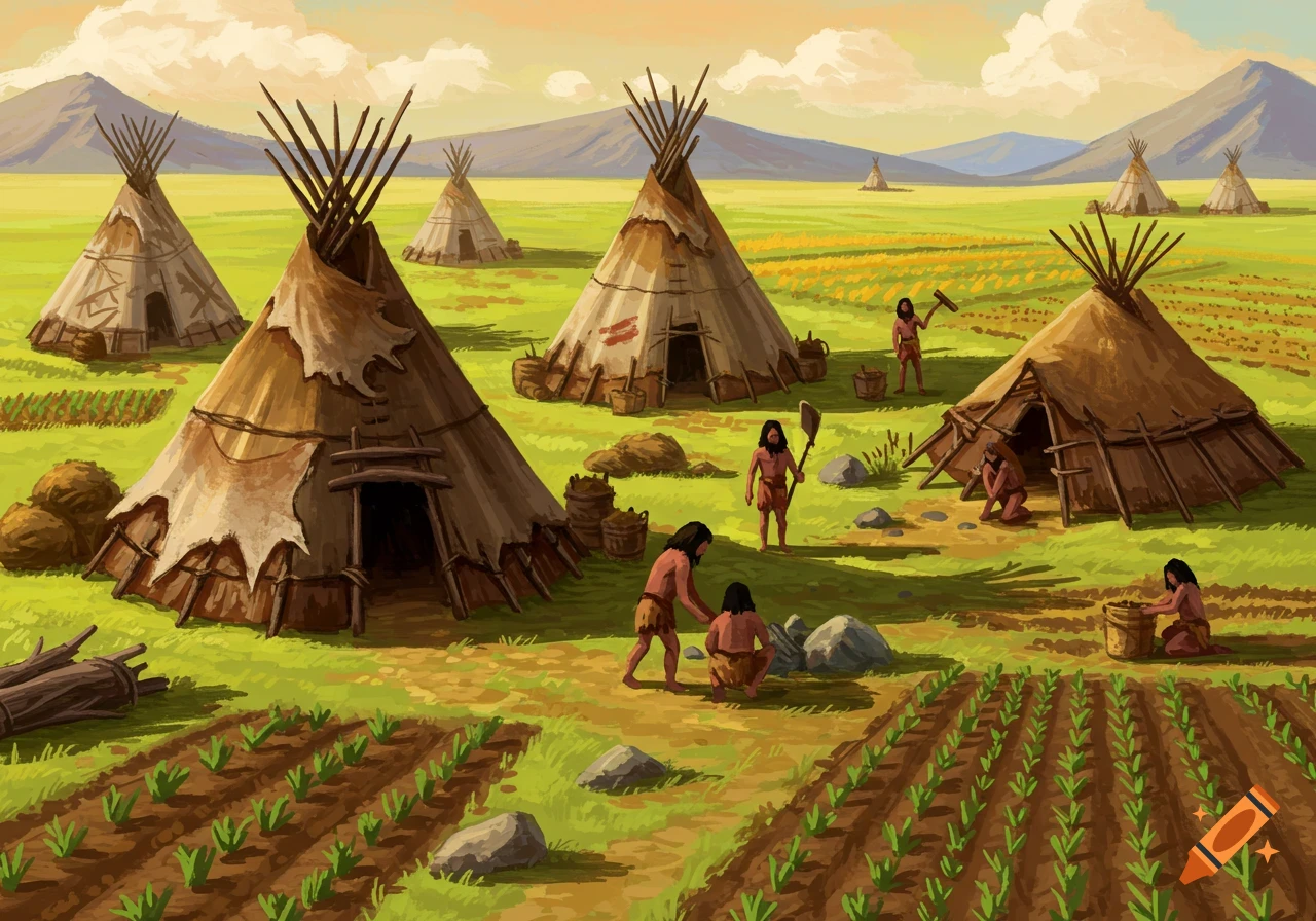 Illustration of a mesolithic village with people, teepees, and agriculture.