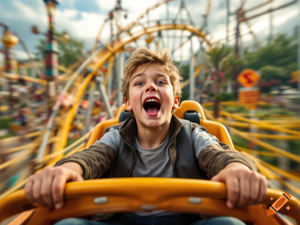 Excited young boy riding a fast roller coaster.