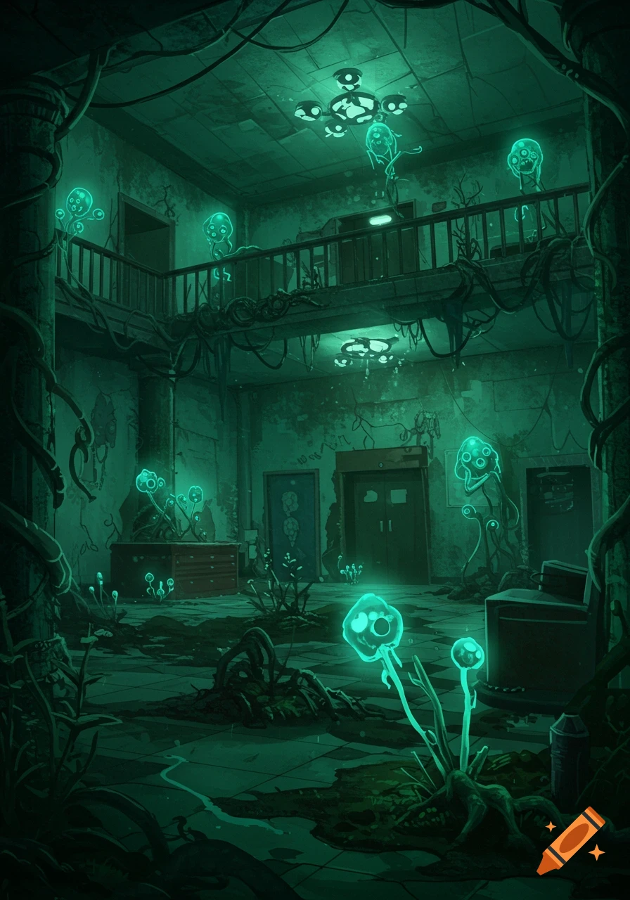 Eerie abandoned lobby with glowing green ghost creatures and strange plants, vines growing everywhere.