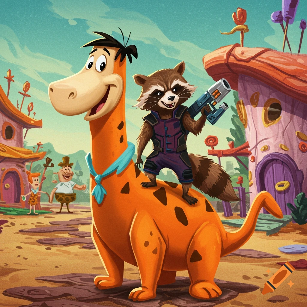 Cartoon style image of Dino the dinosaur from The Flintstones carrying Rocket Raccoon on his back in Bedrock.