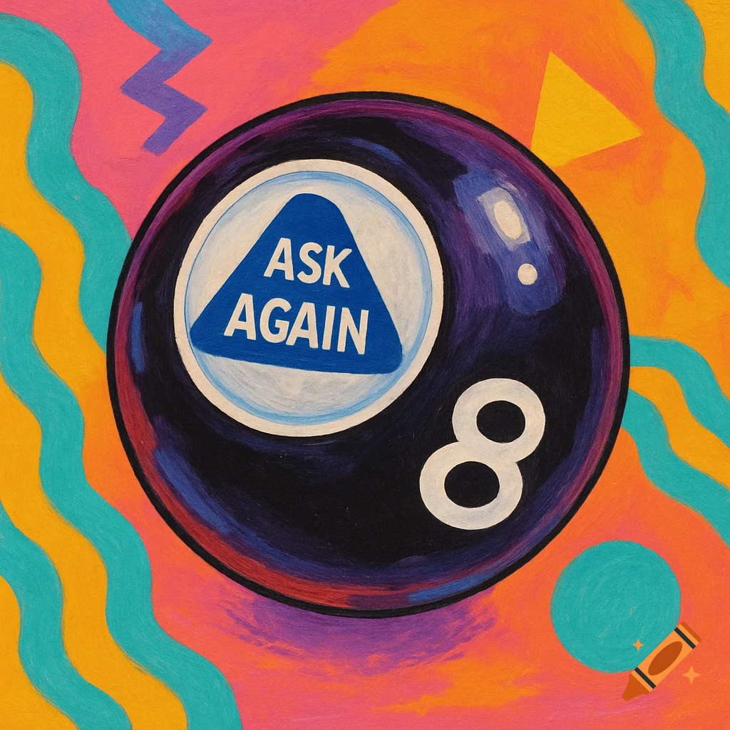 Magic 8 ball with 'ASK AGAIN' on a blue triangle, against a colorful, wavy 90s-style abstract background, painted style.