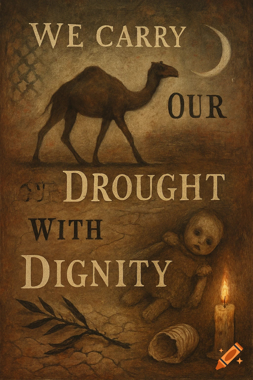 A stylized painting of a camel, text 'We Carry Our Drought With Dignity', doll, candle, and branch in a dry landscape.