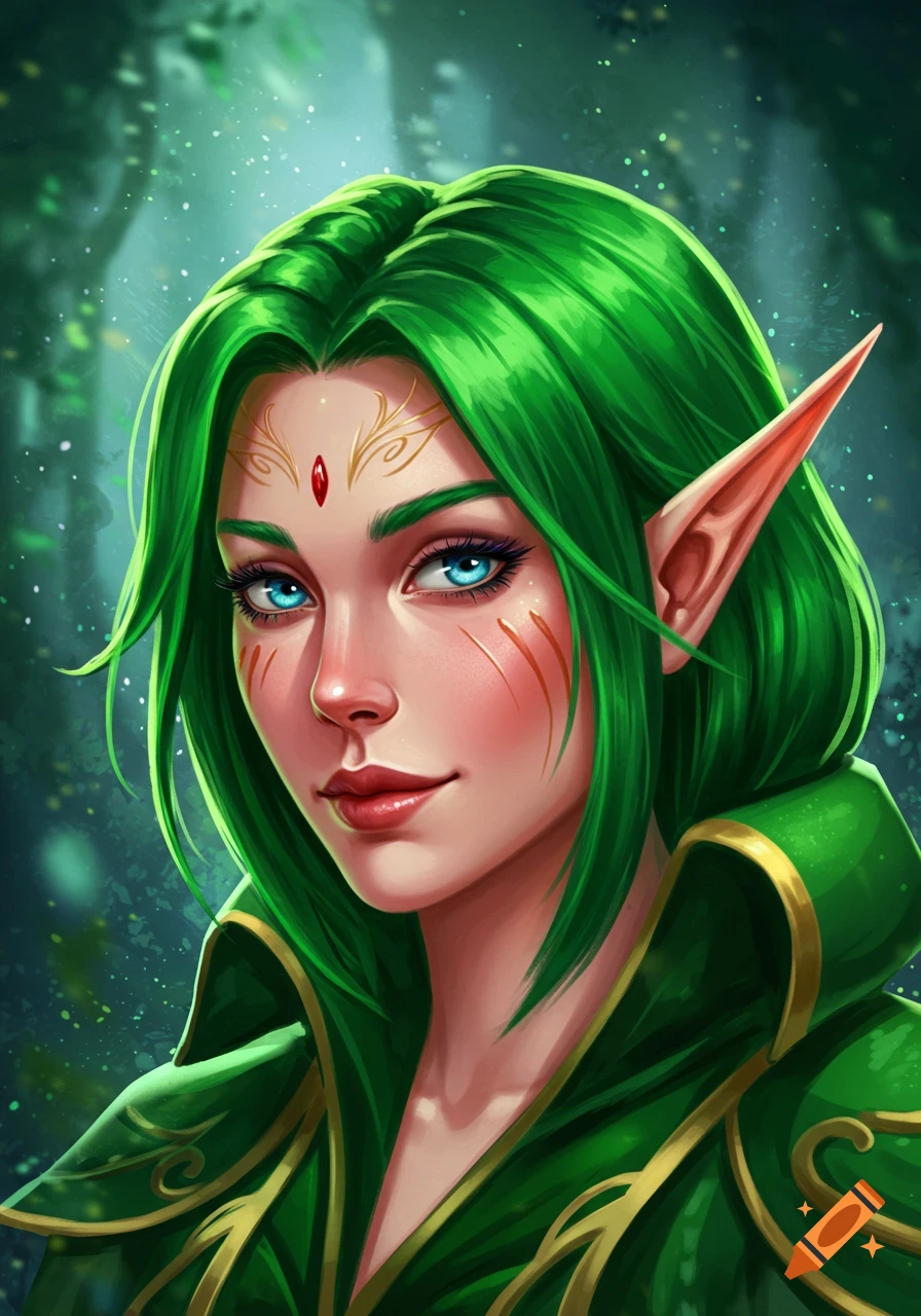 Portrait of a fantasy elf woman with green hair and blue eyes.