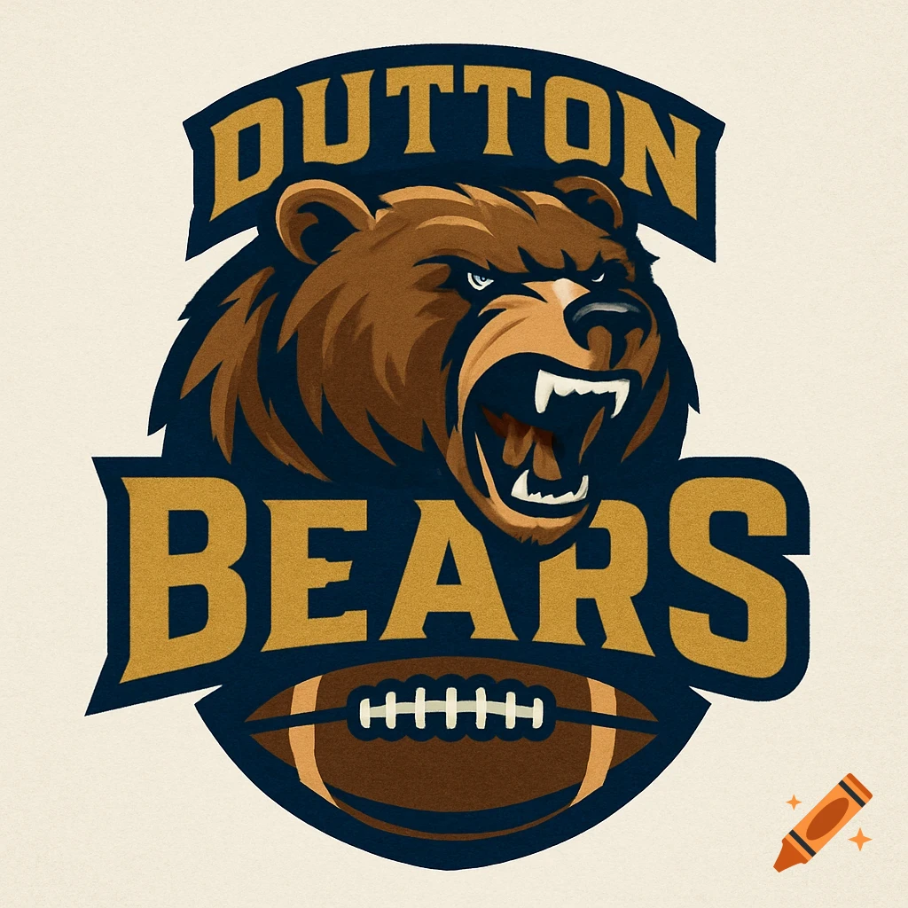 Dutton Bears football logo featuring a bear head and a football.