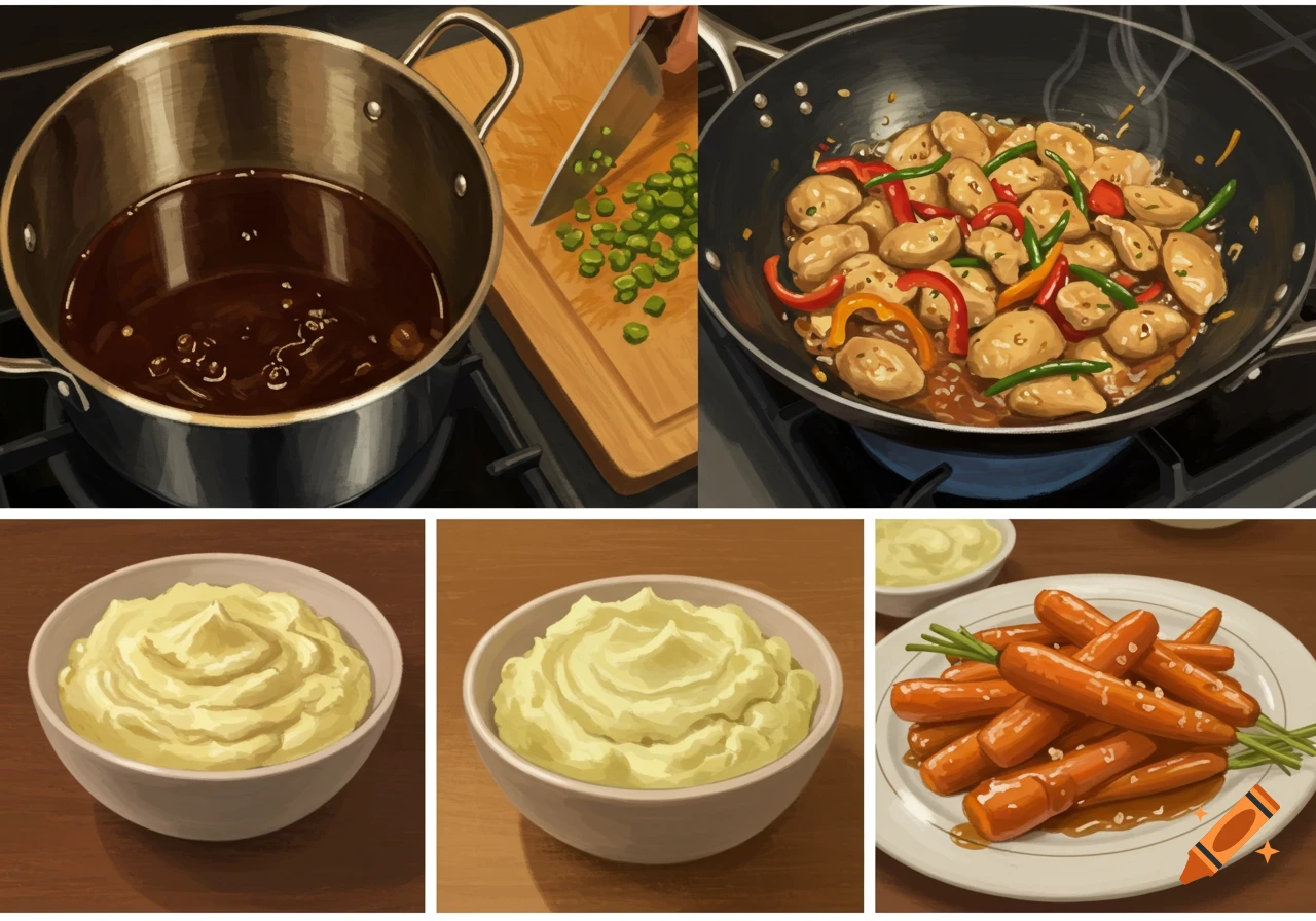 Digital illustration of food preparation and finished dishes, including sauce, chopped vegetables, chicken, mashed potatoes, and glazed carrots.