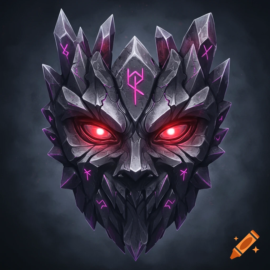 An evil fantasy mask made of dark crystals with red eyes and purple runes.